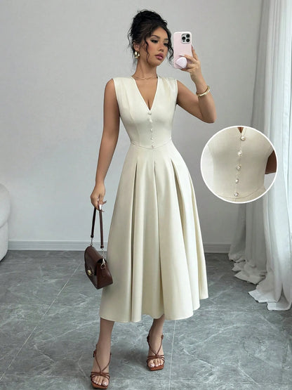 V-Neck Sleeveless Midi Dress