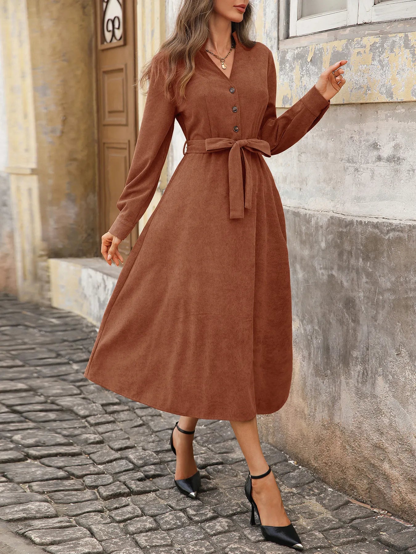 Button Front Belted Midi Dress