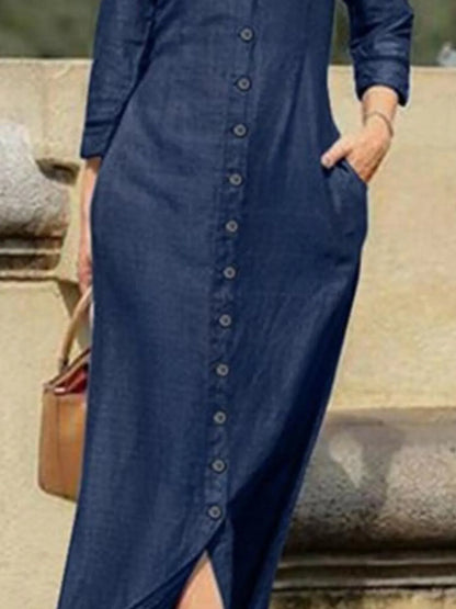 Full Size Button-Down Maxi Denim Dress