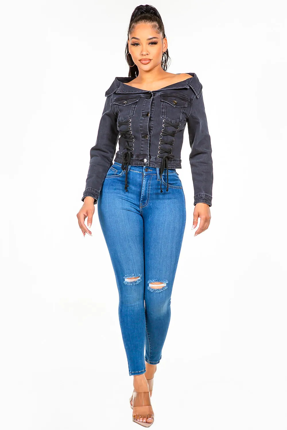 American Off Shoulder Lace Up Denim Jacket
