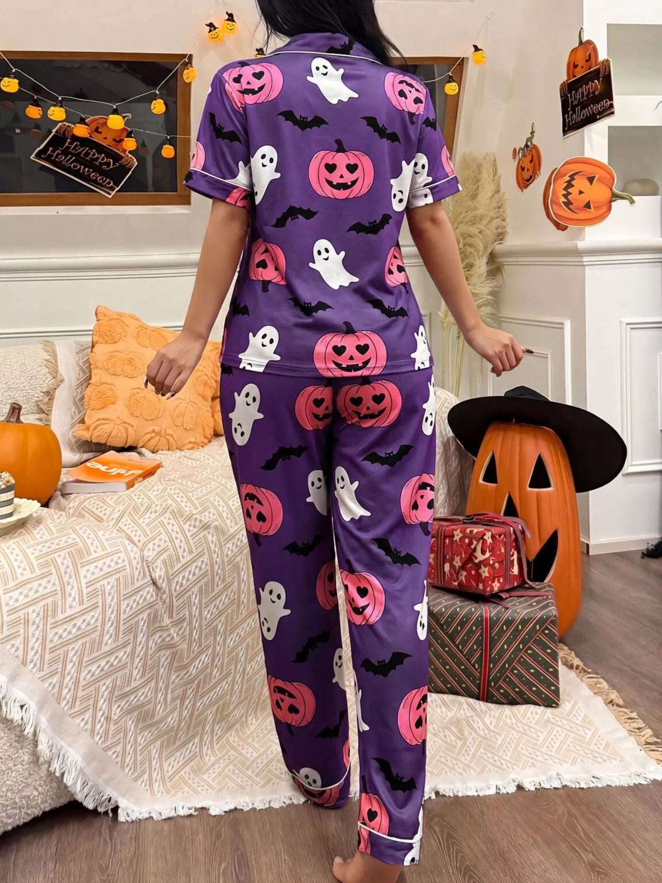 Halloween Pumpkin Print Button-Down Top and Pants Set