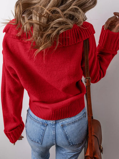 Collared V Neck Ribbed Edge Sweater