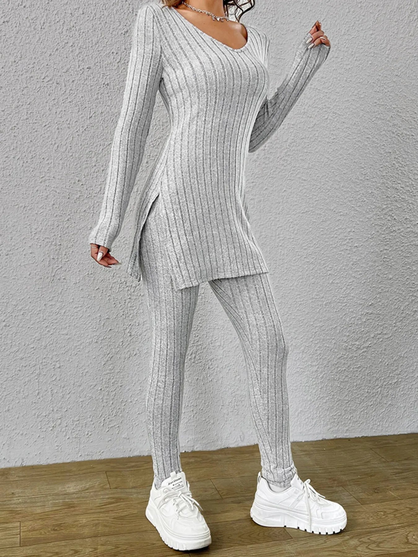 Slit V-Neck Ribbed Top and Pants Set