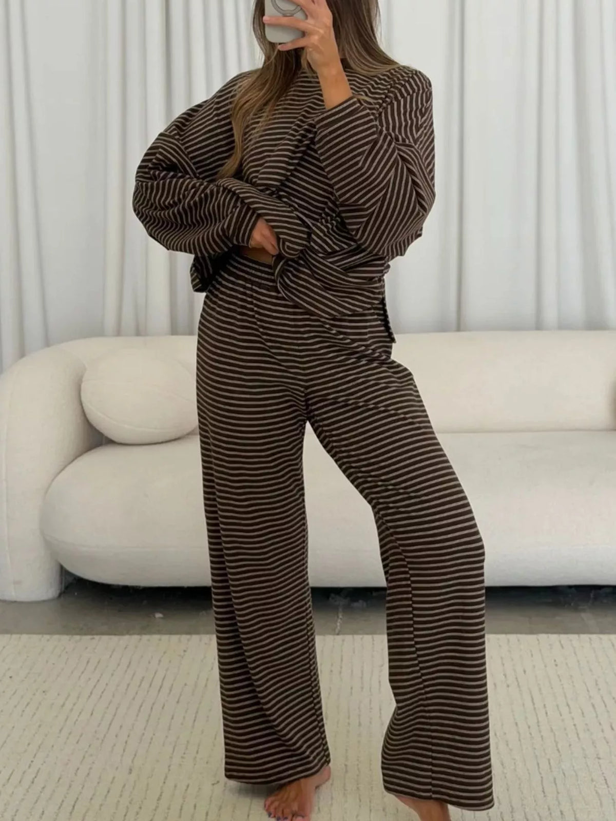Striped Dropped Shoulder Top & Pants Lounge Set