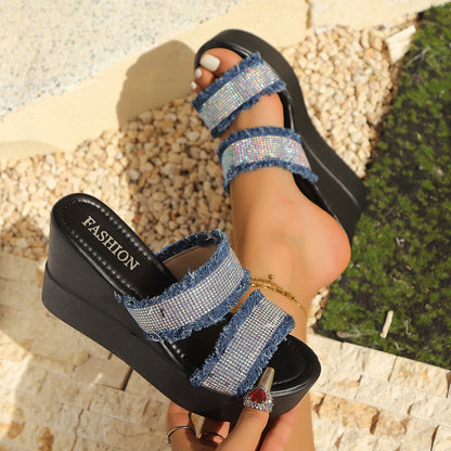 Rhinestone Open Toe Wedge Sandals