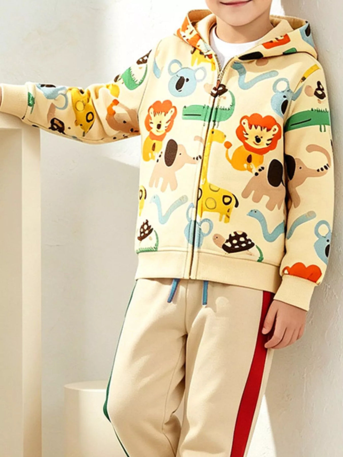 Kid's Cartoon Print Zip-Up Hoodie & Pants Set