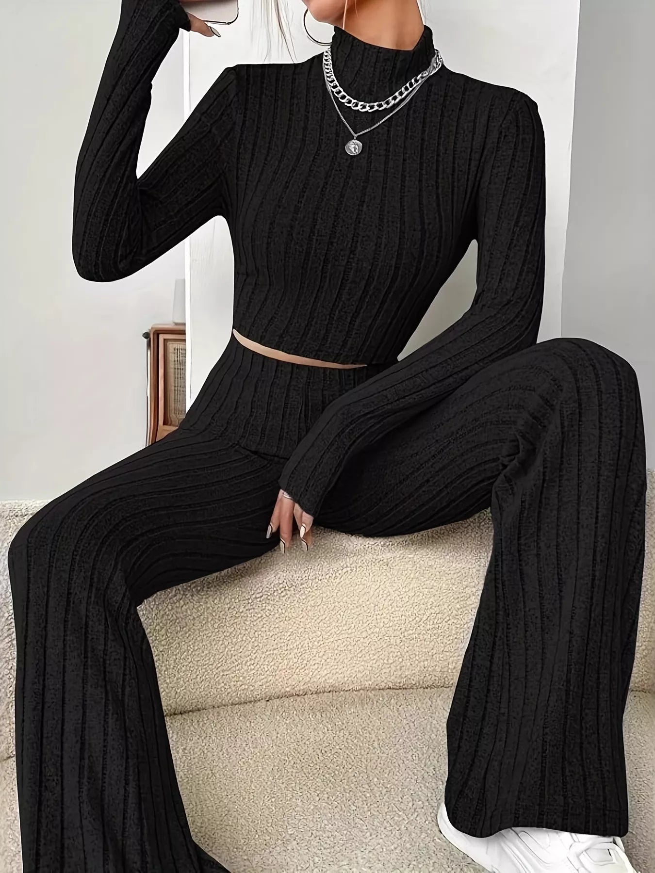Ribbed Turtleneck Crop Top and Flare Pants Sweater Set