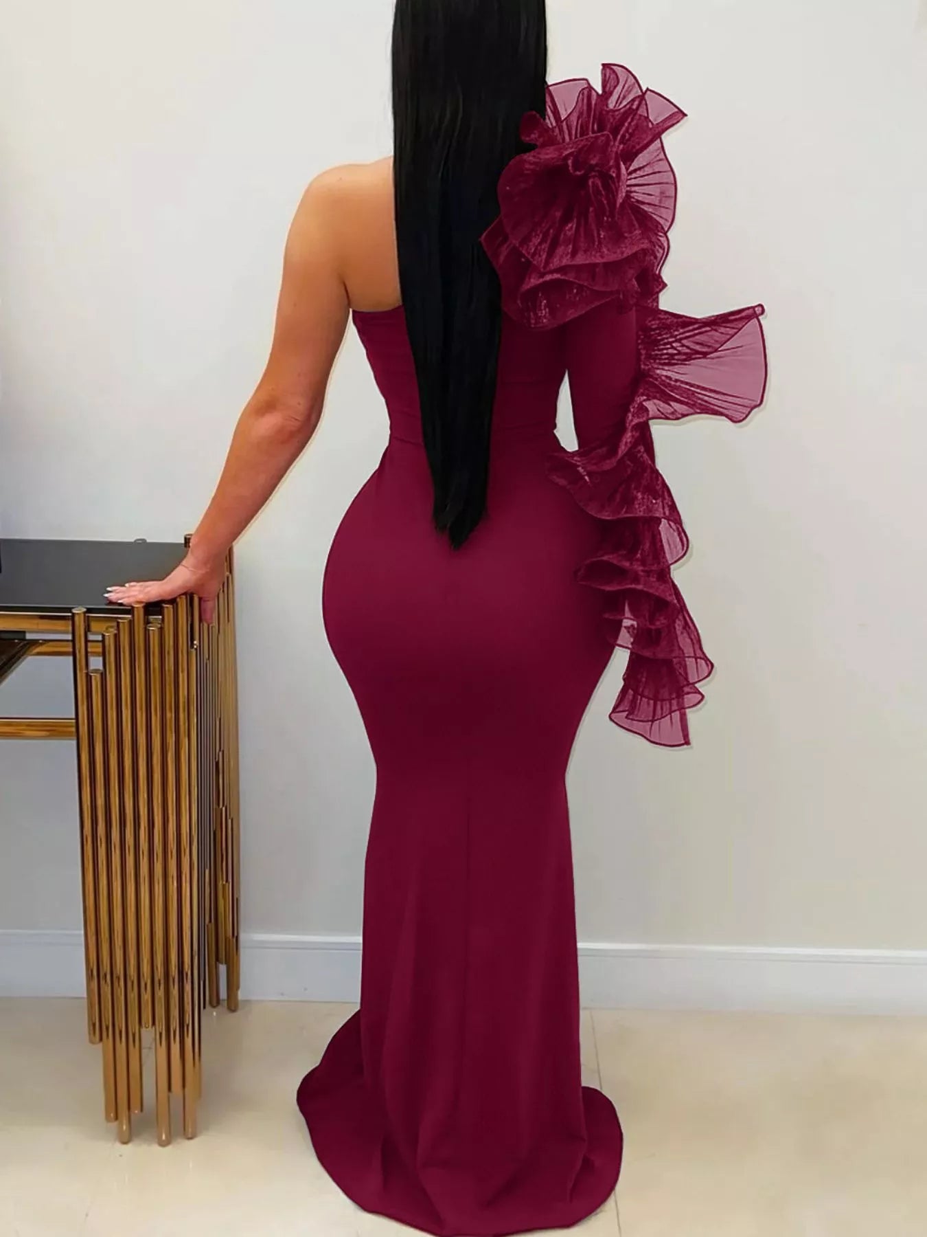 One-Shoulder Ruffled Mermaid Evening Maxi Dress