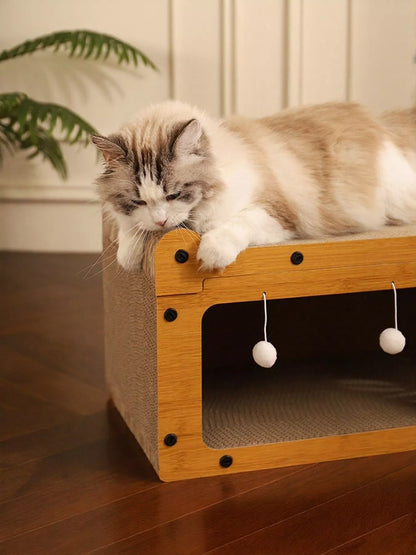 Wooden Cat House with Scratching Pad