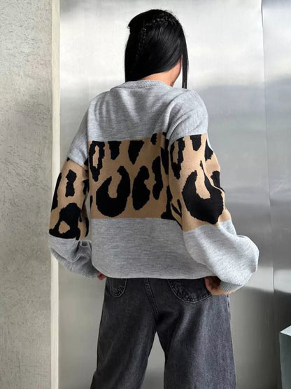 Leopard Color Block Round Neck Sweater