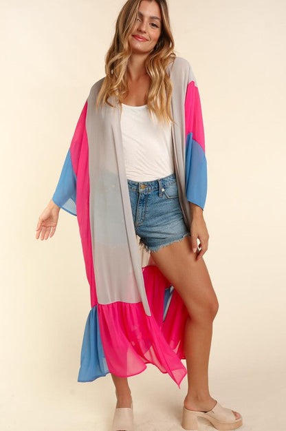 Plus Size Color Block Kimoni Maxi Open Cardigan