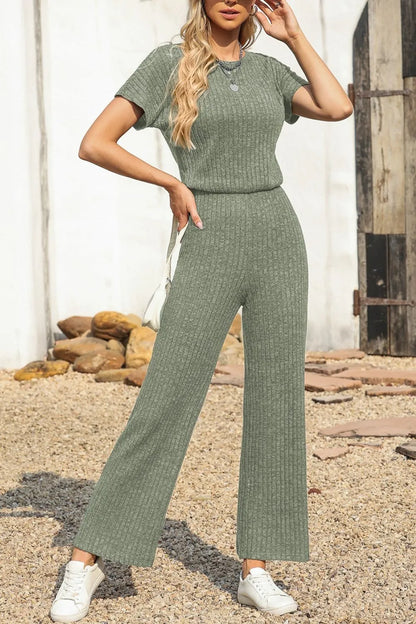 Ribbed Short Sleeve Wide Leg Jumpsuit