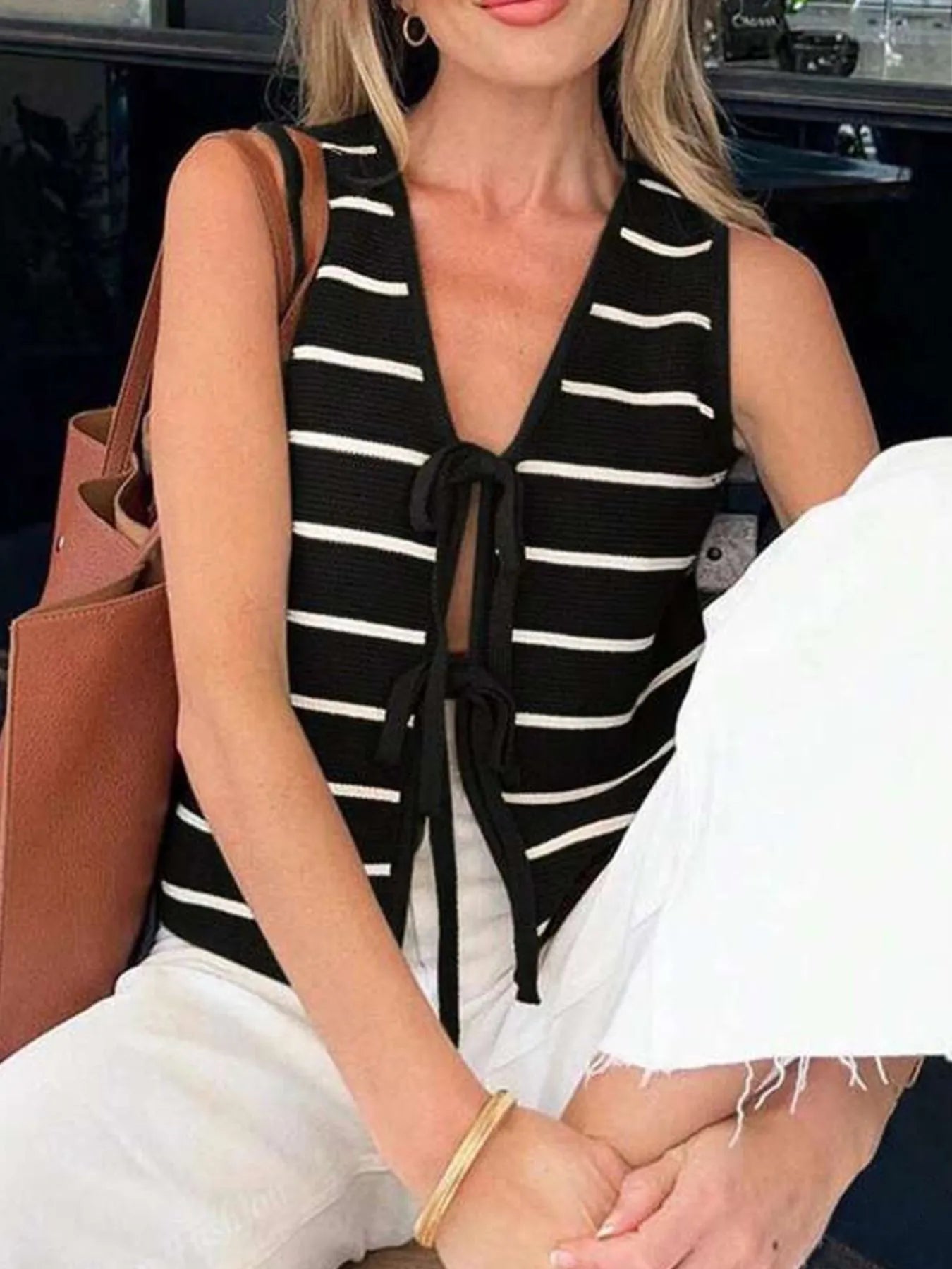 Tie Front Striped Sweater Vest