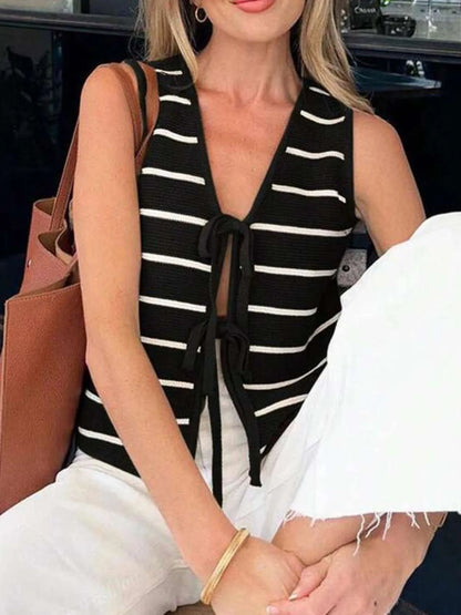 Tie Front Striped Sweater Vest