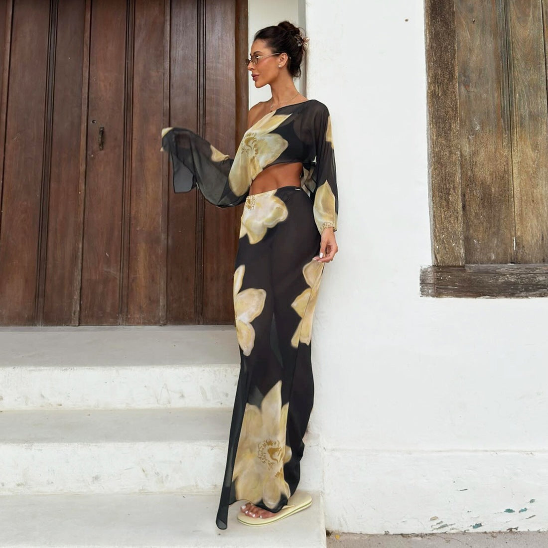 One shoulder crop top, high waisted drawstring printed long skirt