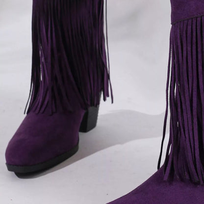 Fringe Round Toe Block Heels Boots