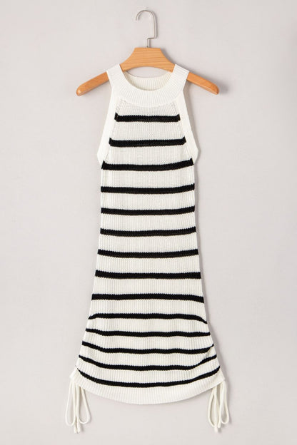 Striped Drawstring Sleeveless Sweater Dress