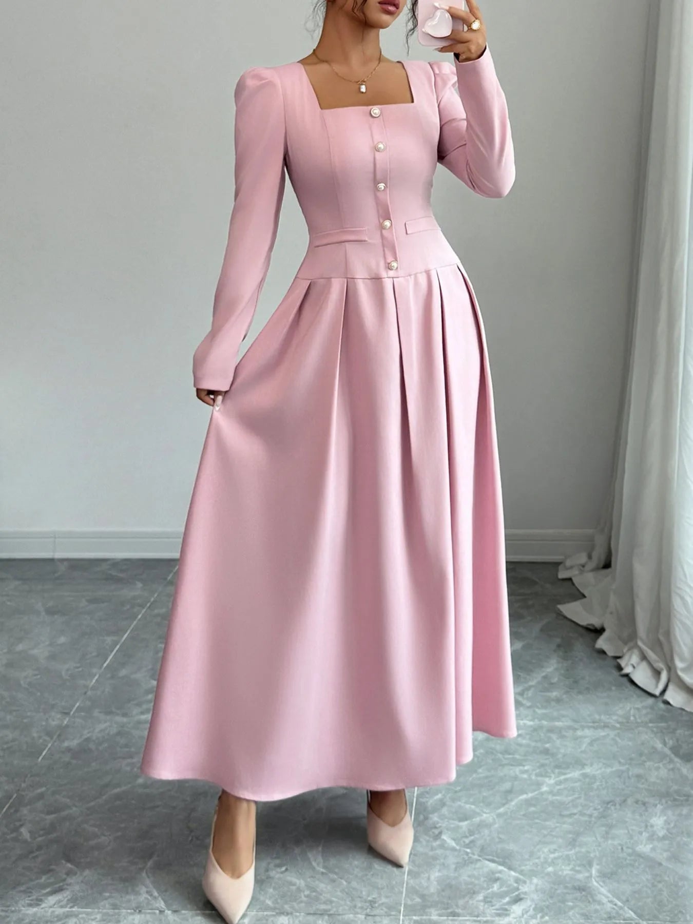 Square Neck Long Sleeve Maxi Dress
