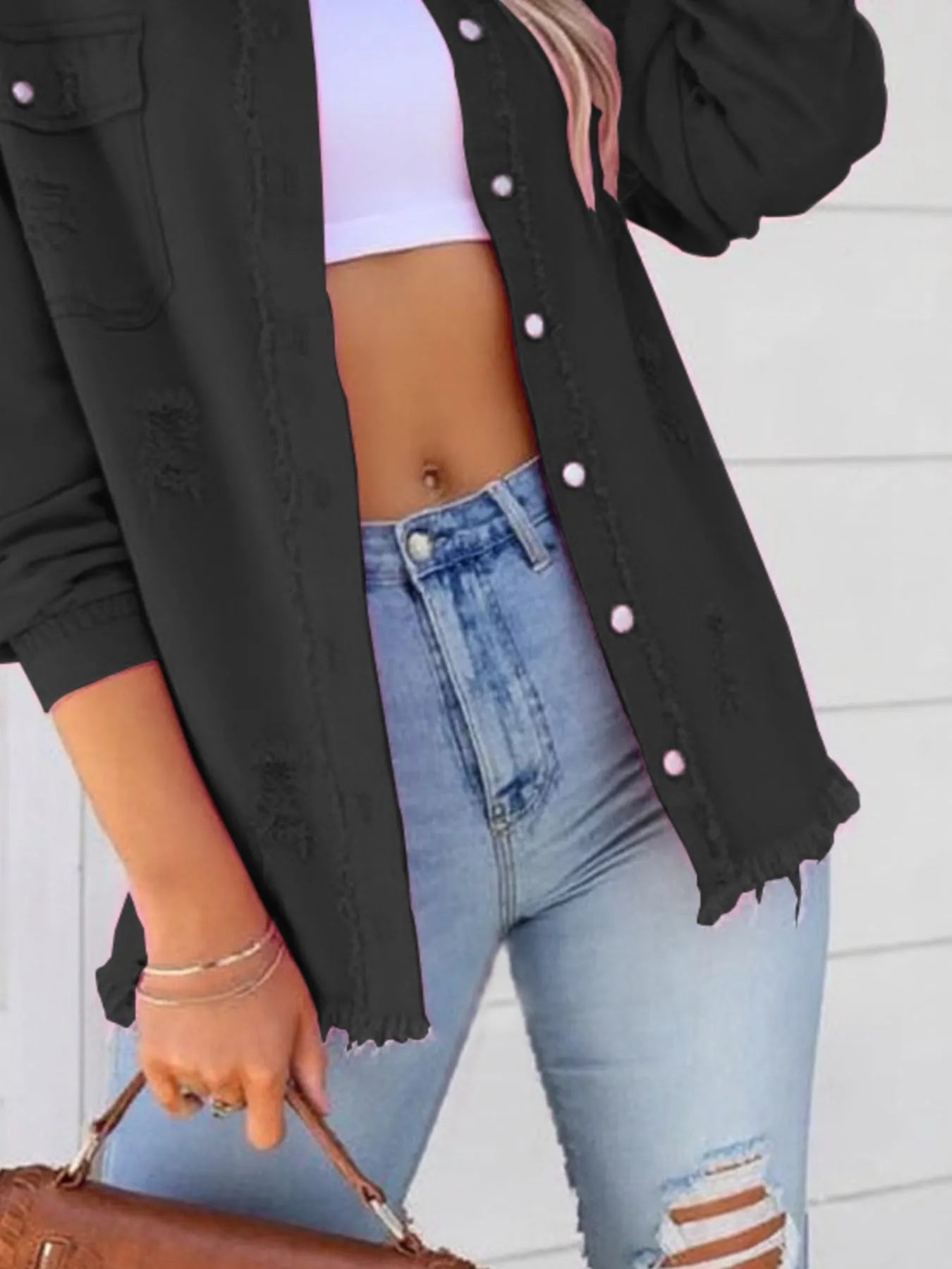 Distressed Denim Jacket with Frayed Edges