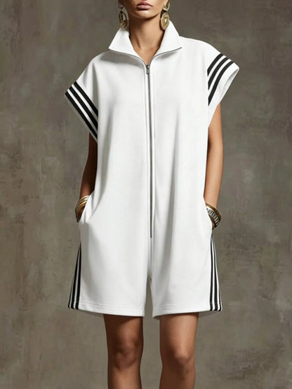 Striped Zip Front Short Sleeve Romper