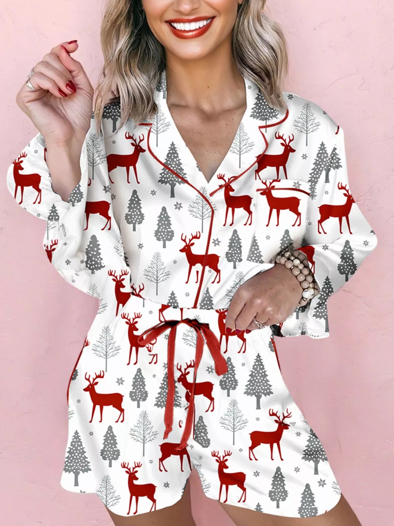 Christmas Print Velvet Trim Pajama set