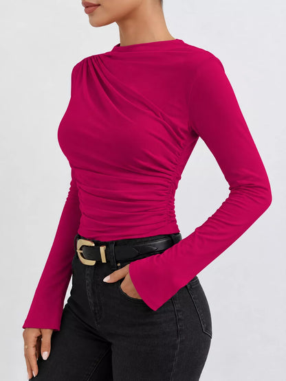 Plus Size Ruched Long Sleeve Slim-Fit Tee, 7 Colors