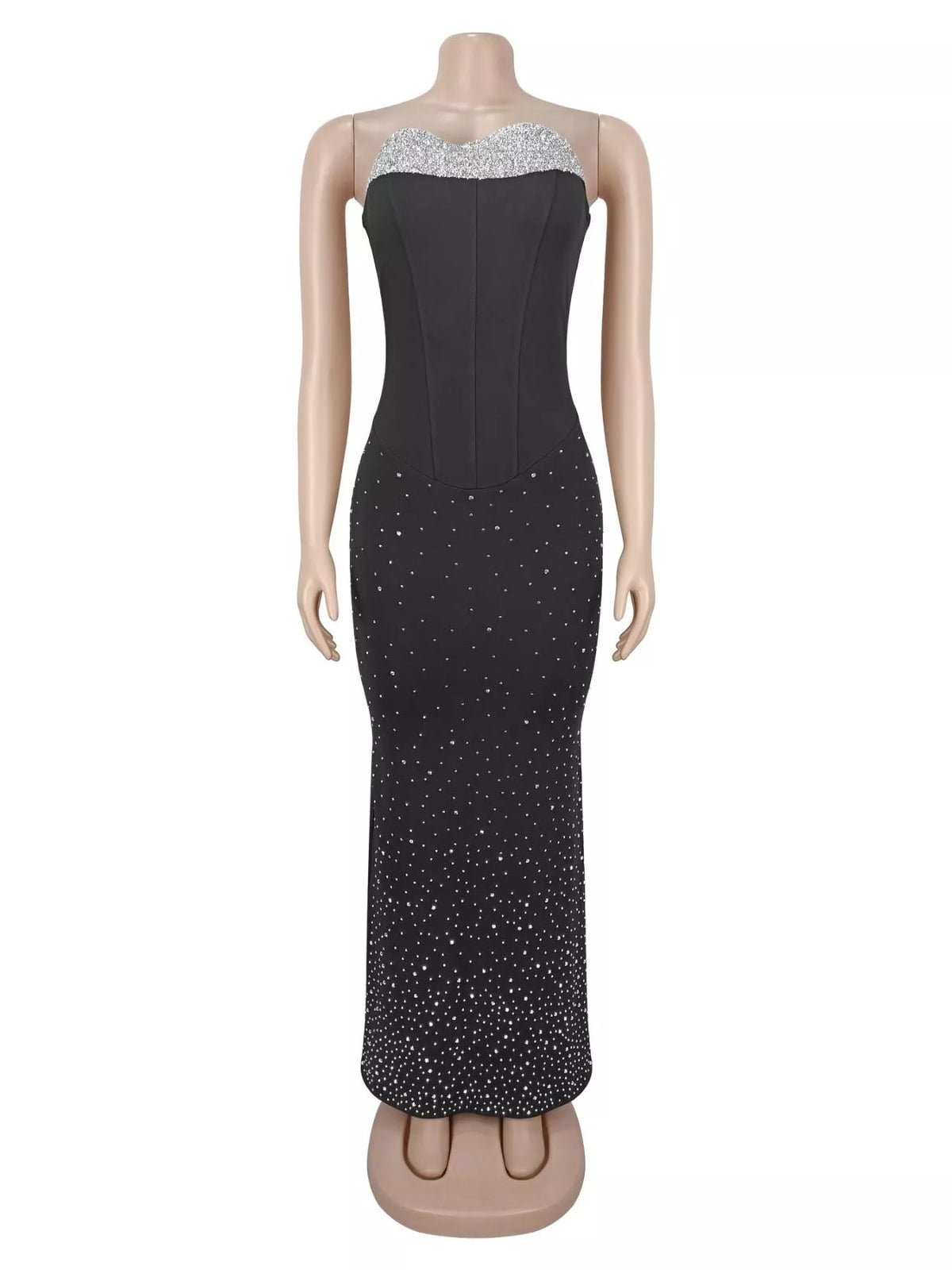 Rhinestone Slit Back Tube Maxi Dress