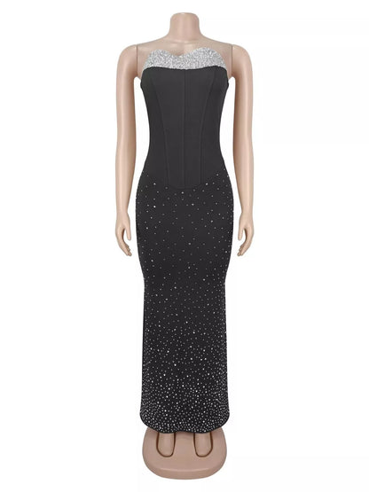Rhinestone Slit Back Tube Maxi Dress