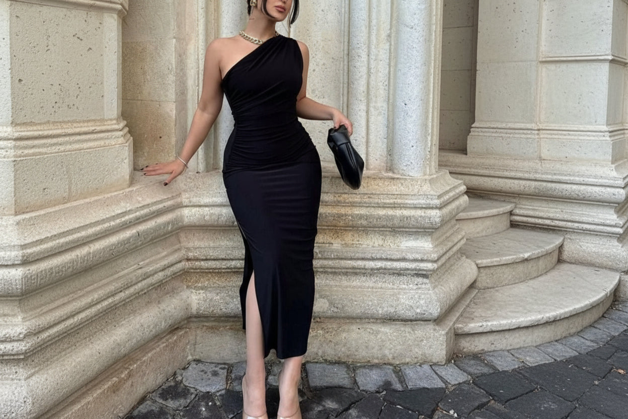 One-Shoulder Ruched Bodycon Slit Dress