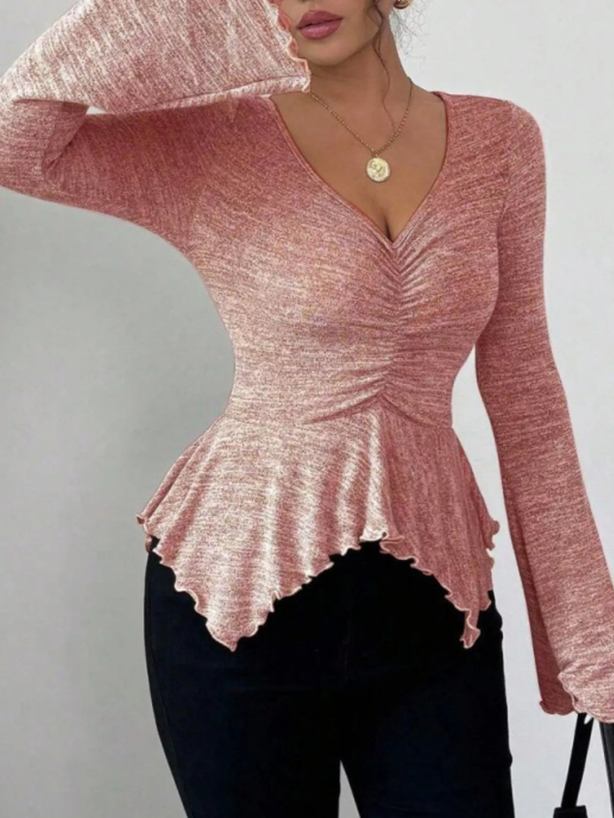 Ruched Flared Sleeves Peplum Top
