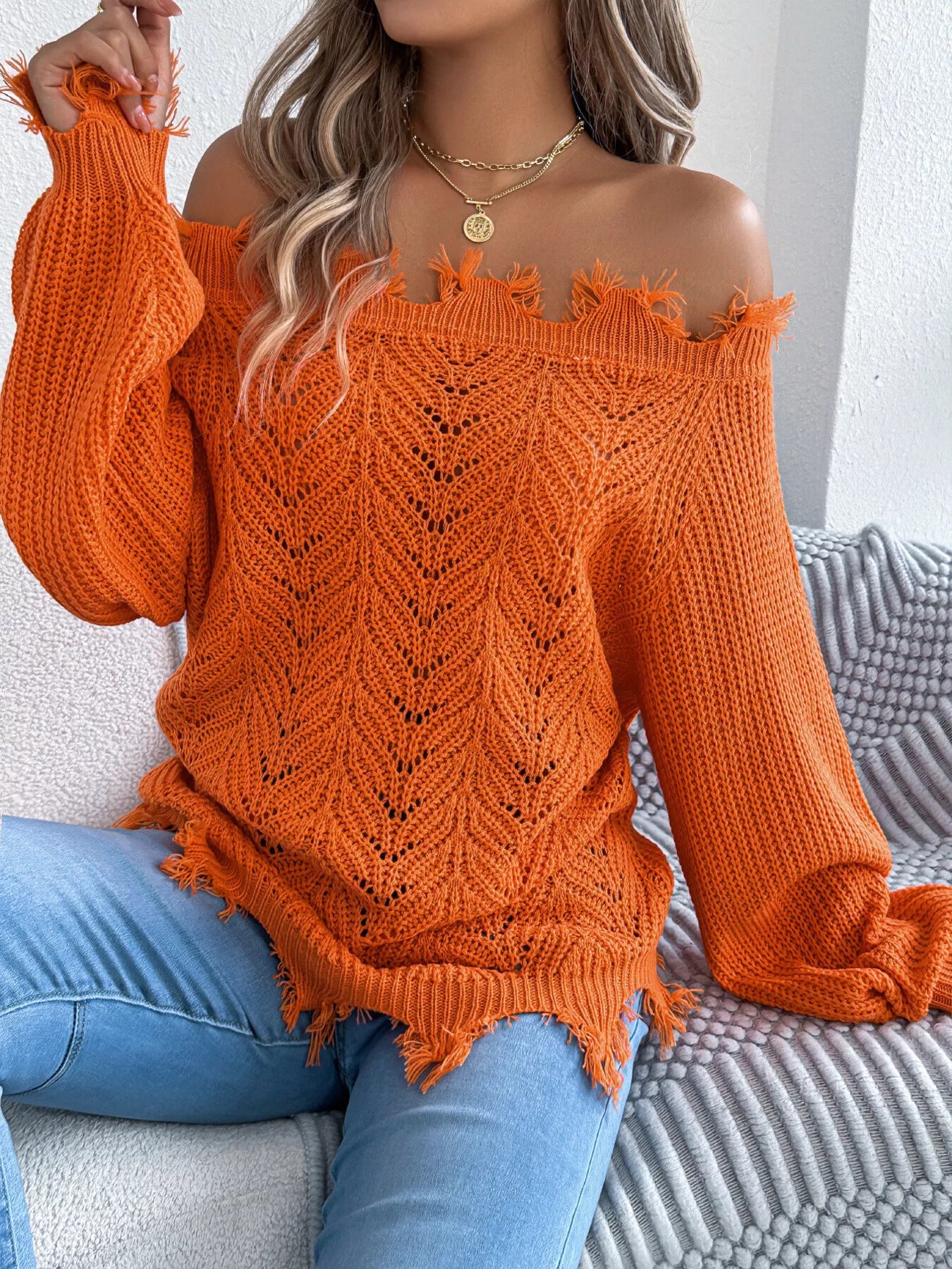 Distressed Off-Shoulder Sweater