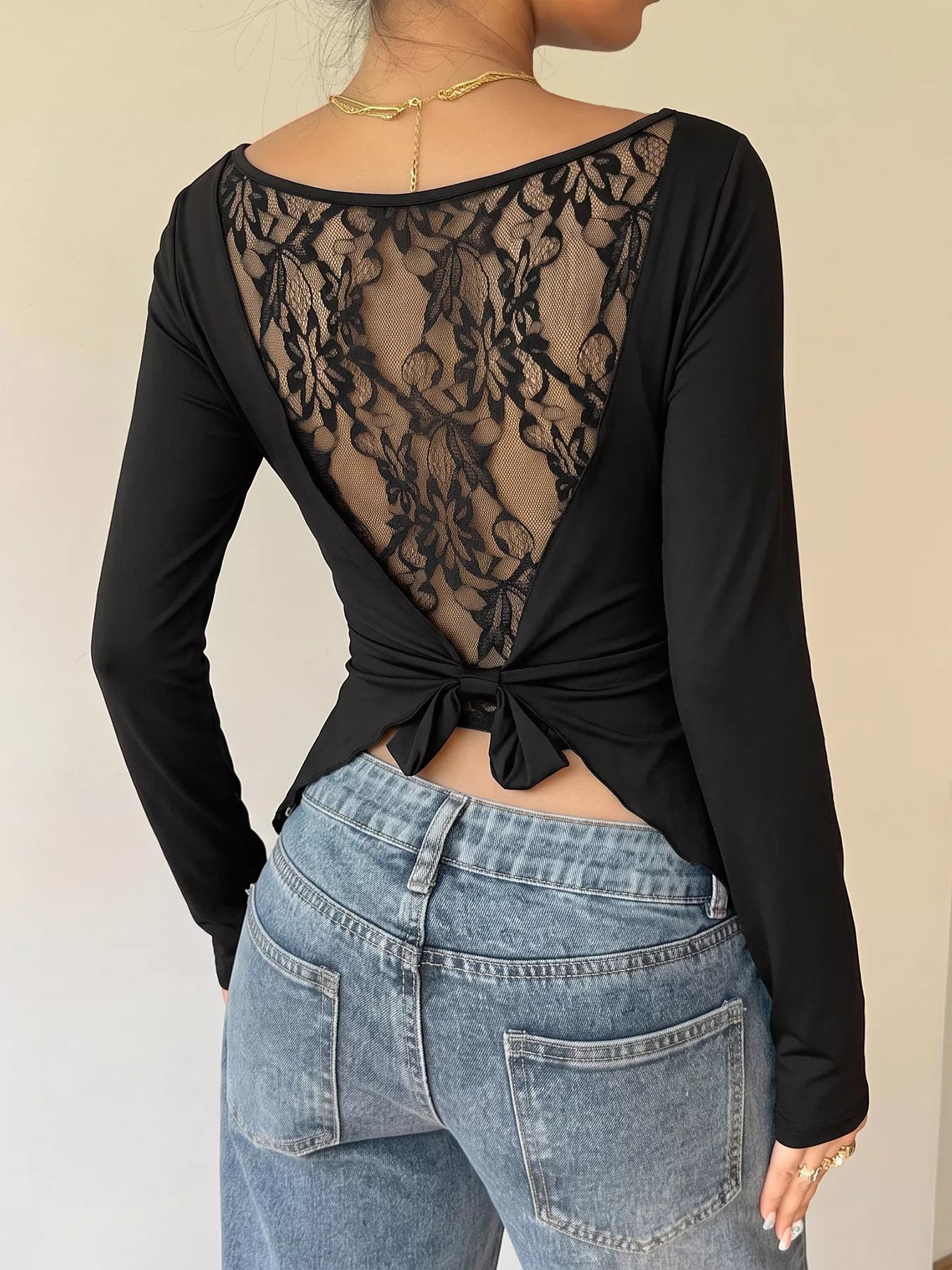 Lace Back Tie Long Sleeve Top