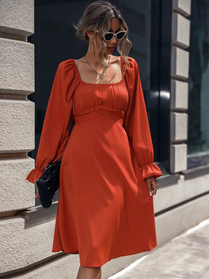 Square Neck Flounce Sleeve Midi Dress