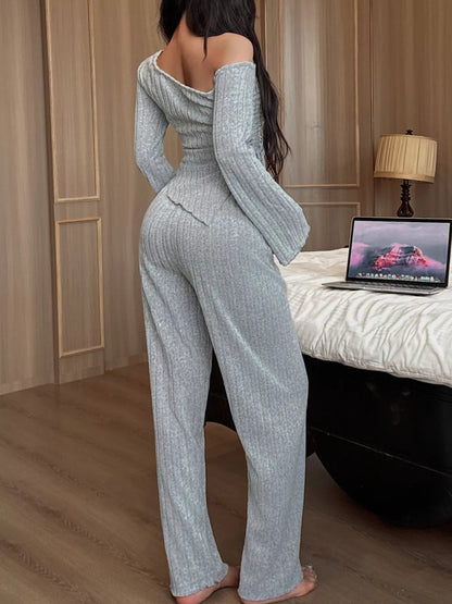 One-Shoulder Ribbed Knit Top and Pants Set