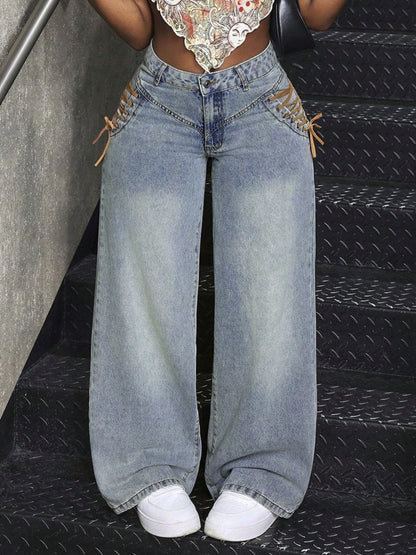 Lace-Up Wide Leg Jeans