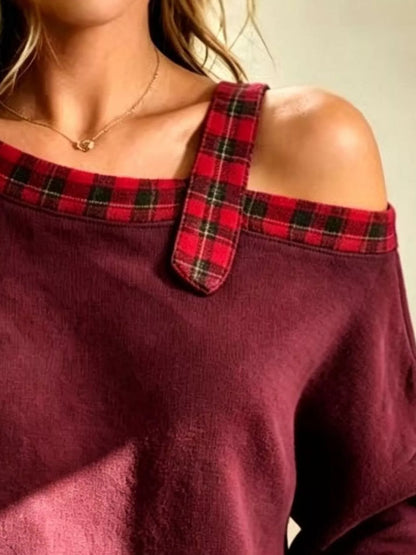 Plus Size Cold-Shoulder Plaid Patchwork Long Sleeve Top