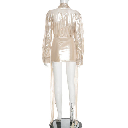 Transparent strap long sleeved top, hip hugging short skirt two-piece set