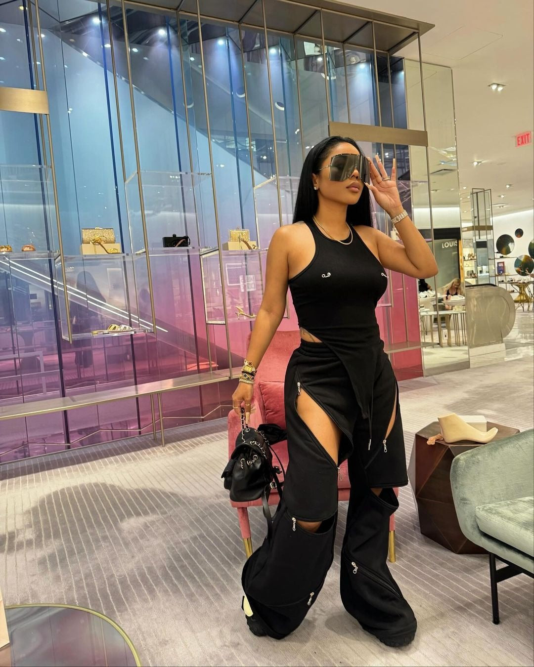 Splicing multiple zippers flared pants