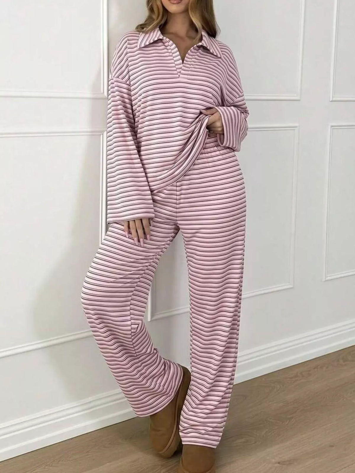 Striped polo top and pants set, view 5