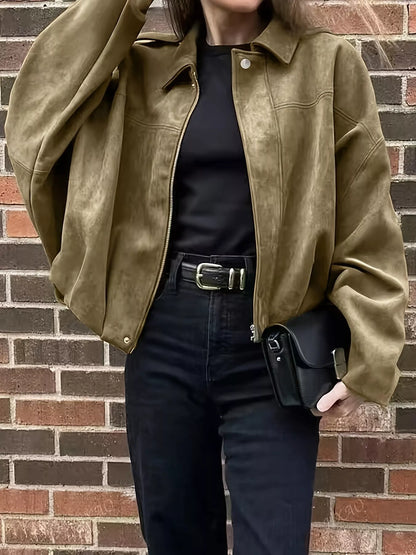 Women's vintage-style suede-look cropped jacket, army green