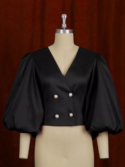 Double-breasted puff sleeve blouse, view 15