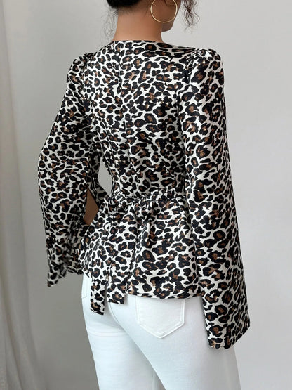 Leopard Print Slit Sleeve Blouse