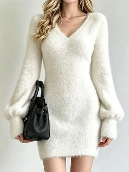 V-Neck Fuzzy Knit Sweater Dress