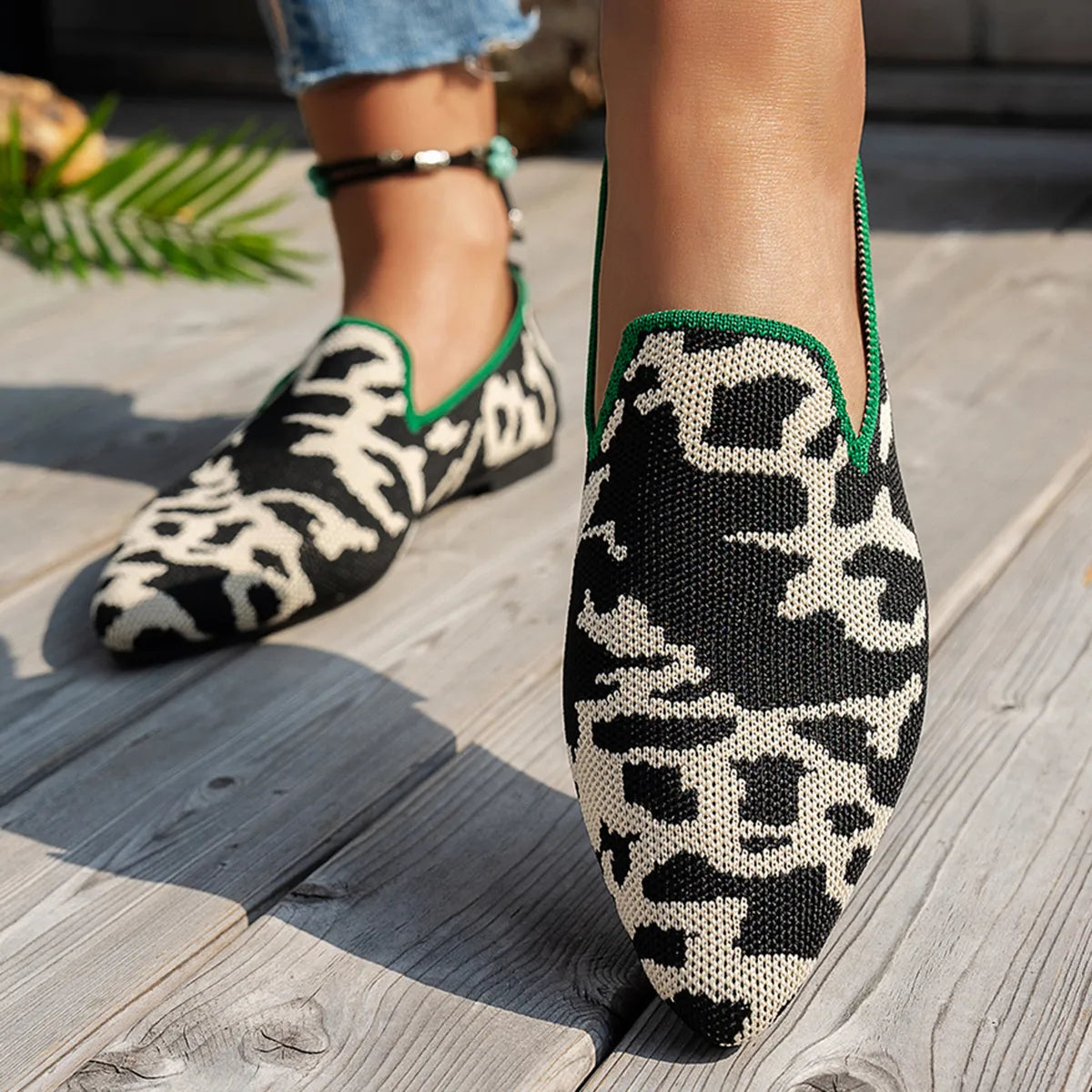 Animal Print Knit Slip-On Loafers
