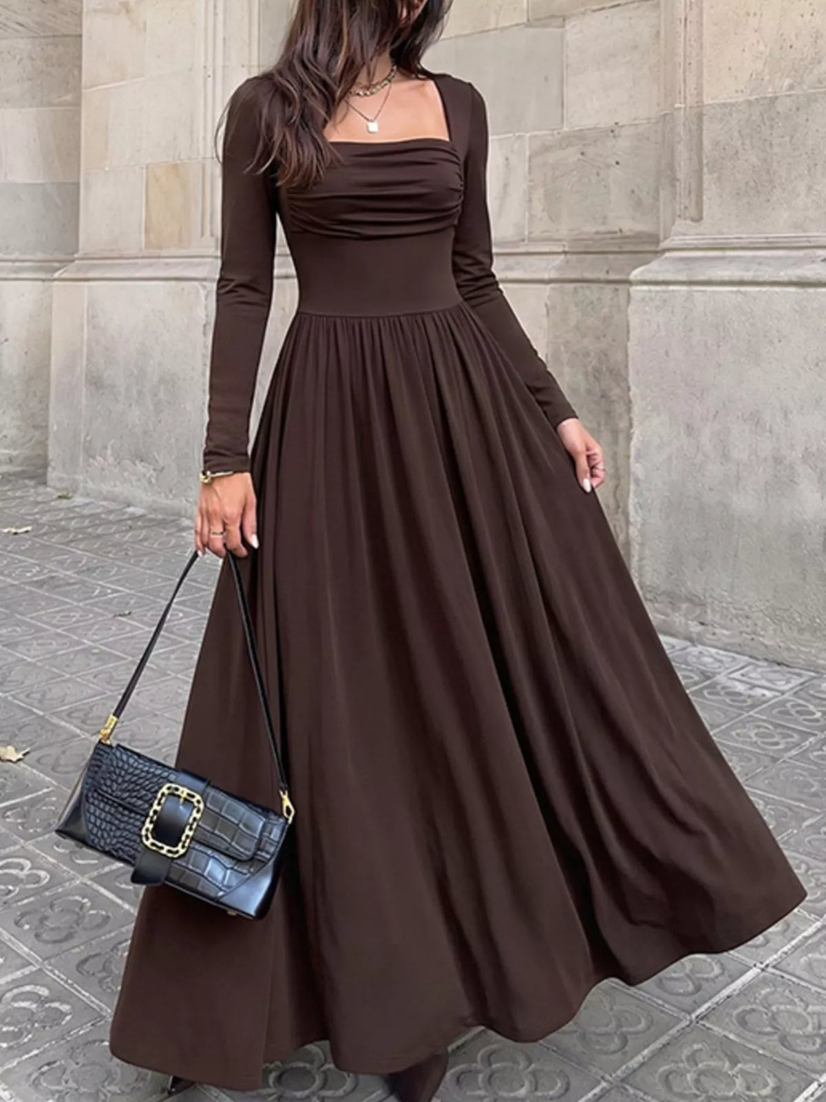 Square neck ruched maxi dress, view 3