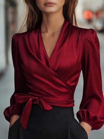 Satin Tie Waist Wrap Blouse