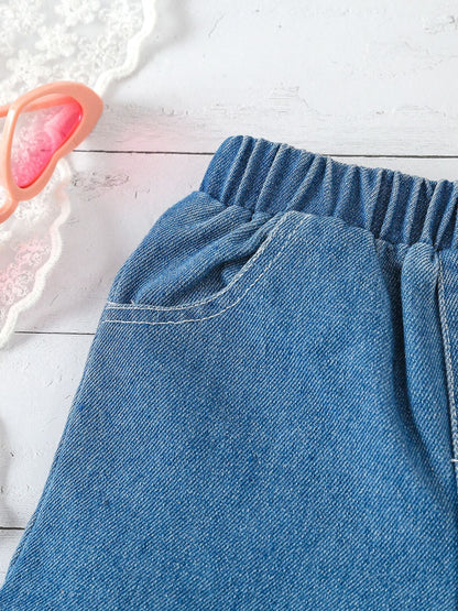 Children's Bowknot Decor Top & Ruffle Hem Denim Shorts Set