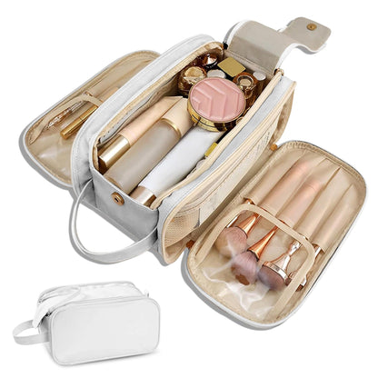 Large Capacity Cosmetic Organizer ,Travel Makeup Bag Organizer, Large Capacity Toiletry Bags for Traveling, Flat Open Waterproof PU Leather Cosmetic Bag with Compartments and Handles