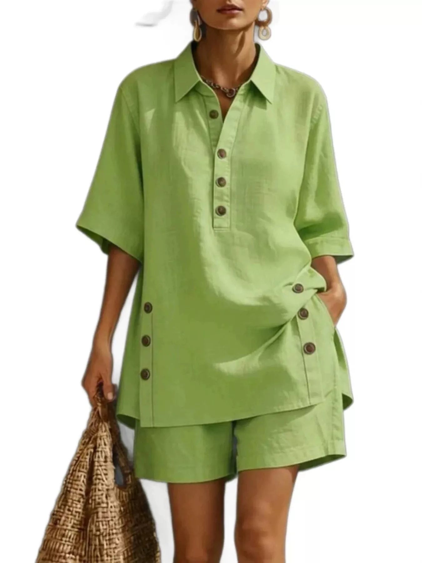 Full Size Casual Linen Button-Down Shirt & Shorts Set Plus Size