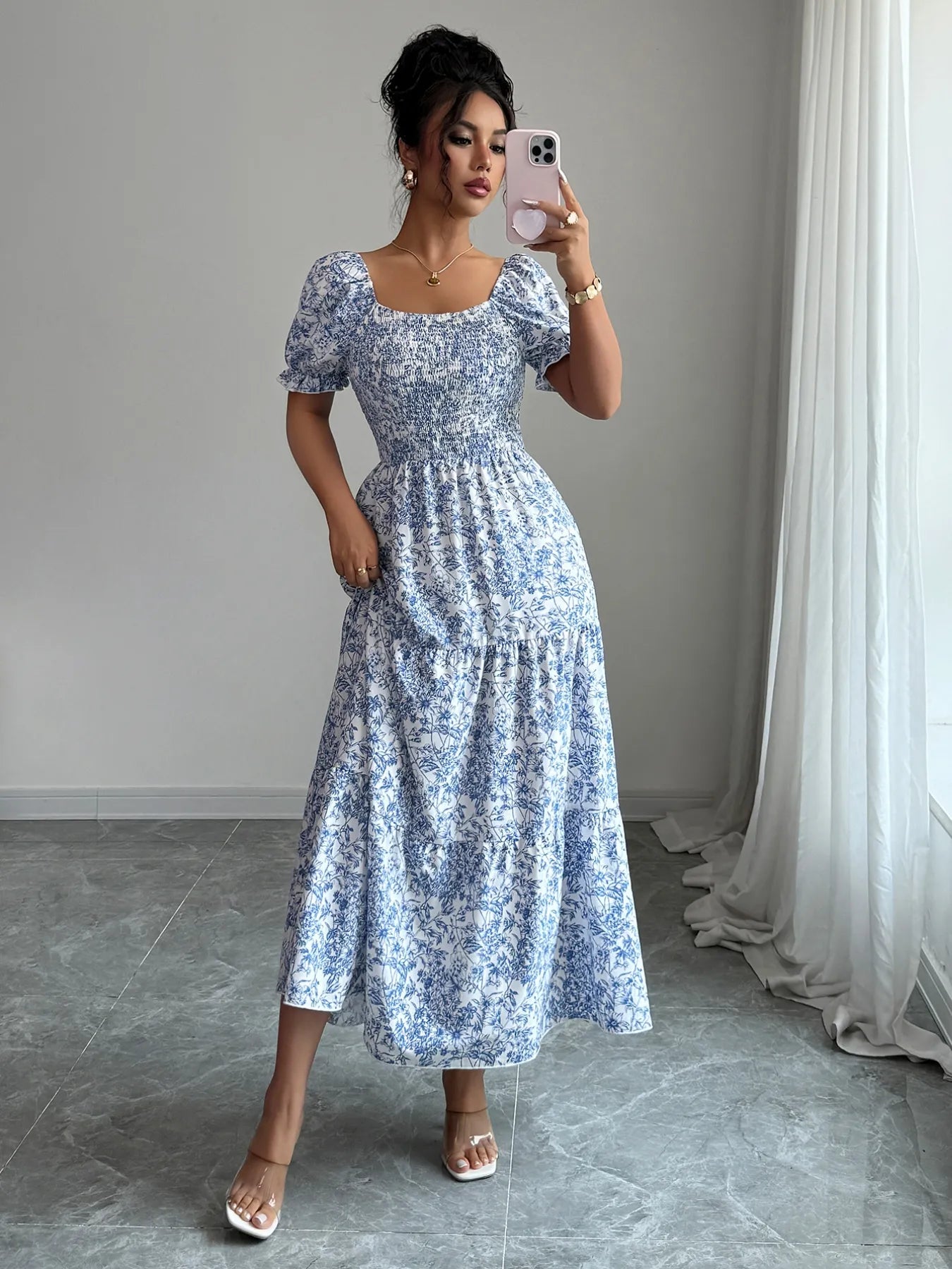 Smocked Printed Short Sleeve Dress